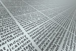 Receding wall of business and marketing words in perspective