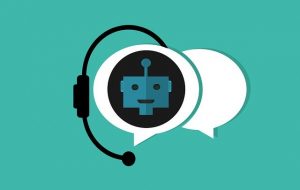 Illustration of a chatbot with a headset and speech bubbles