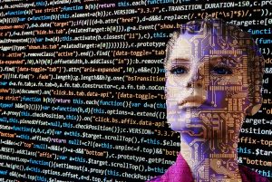 Face formed from circuit-board patterns overlaid on lines of code