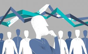 Illustration of a crowd of figures with one speaking out