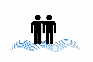 Icon of two figures standing together above stylised waves