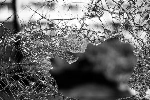 Shattered glass photographed in black and white