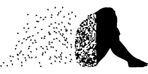 Silhouette of a seated person whose head dissolves into scattered fragments