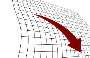 Red arrow curving downwards across a distorted grid