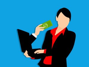 Illustration of a businesswoman at a laptop being handed a banknote through the screen