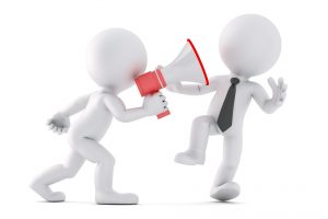 Two white 3D figures, one shouting through a megaphone at the other