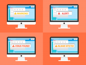 Illustration of four monitors showing warning, alert, virus and malware messages