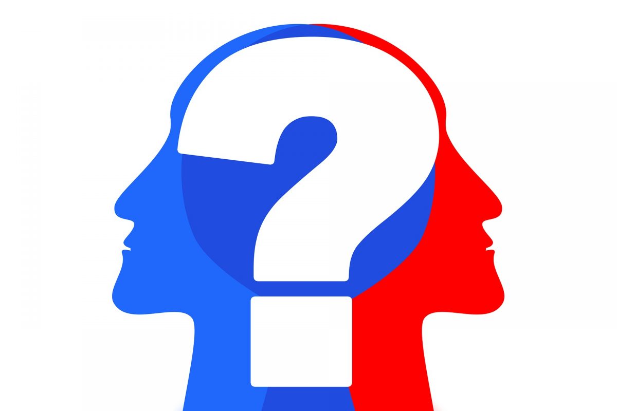 red and blue heads combined into one question mark