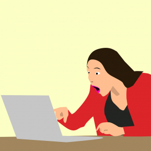 Illustration of a woman at a laptop reacting with dismay to what she is reading