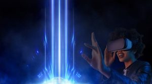Person wearing a VR headset reaching towards a glowing column of blue light