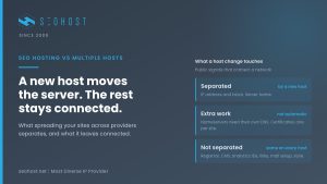 SEOHost.net card on SEO hosting vs multiple hosts, sorting what a host change separates from what stays connected across a network.